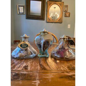 Lot Of 3 Vintage Glass Oil Lamps With Dried Flowers & Heart-Shaped Design Boho D